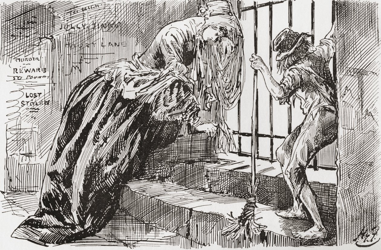 Lady Dedlock og Jo. "Han blev sat der," siger Jo, holder sig til stængerne og kigger ind, mens Lady Dedlock krymper ind i et hjørne. Illustration af Harry Furniss til Charles Dickens-romanen Bleak House, fra The Testimonial Edition, udgivet 1910. af Harry Furniss