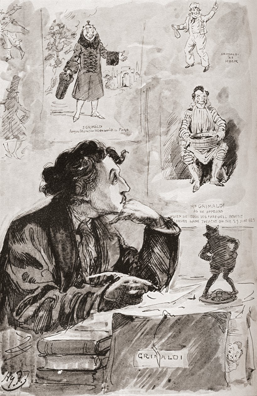Erindringer om Grimaldi. Illustration af Harry Furniss til Charles Dickens roman Memoirs of Joseph Grimaldi, fra The Testimonial Edition udgivet 1910. af Harry Furniss