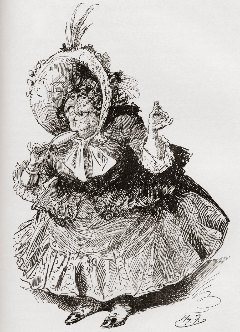Frøken Mowcher. Illustration af Harry Furniss til Charles Dickens-romanen David Copperfield, fra The Testimonial Edition, udgivet 1910. af Harry Furniss
