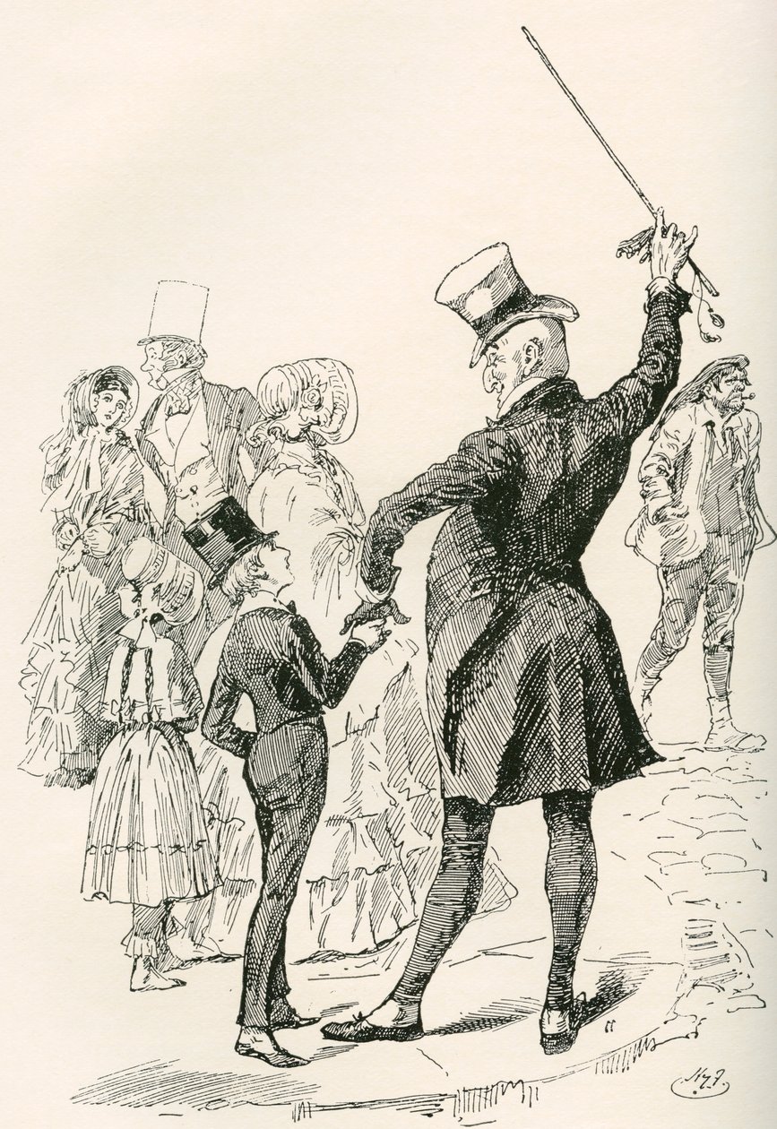 Mr. Micawber tager David med hjem. "Vi gik til vores hus sammen, hr. Micawber imponerede gadernes navne og formerne af hjørnehuse på mig, mens vi gik." Illustration af Harry Furniss til Charles Dickens-romanen David Copperfield, fra af Harry Furniss