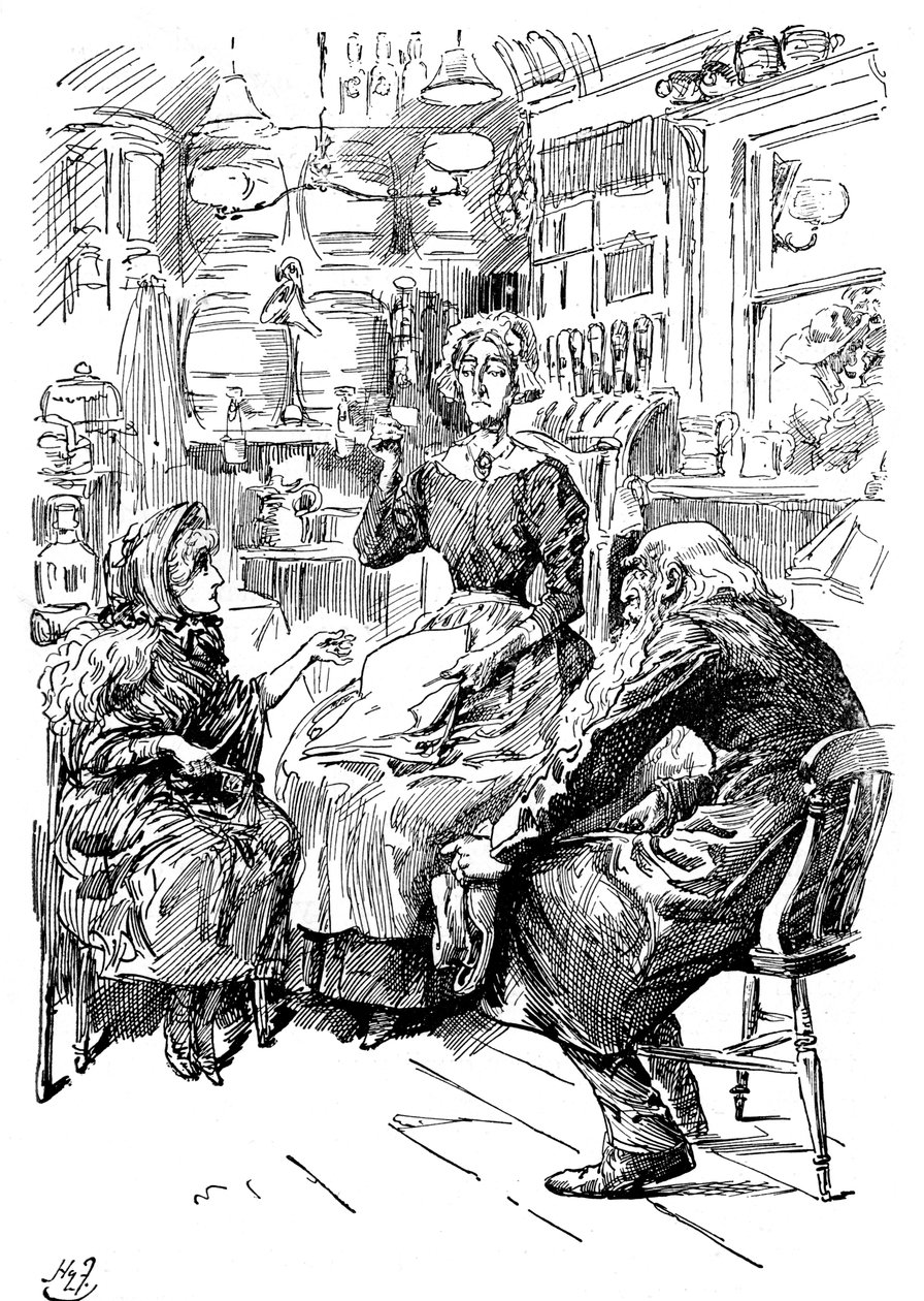 Mr. Riah og Miss Wren ved Six Jolly Fellowship Porters, 1912 af Harry Furniss