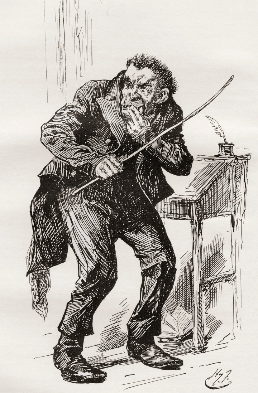 Mr. Squeers. Illustration af Harry Furniss til Charles Dickens-romanen Nicholas Nickleby, fra The Testimonial Edition, udgivet 1910. af Harry Furniss