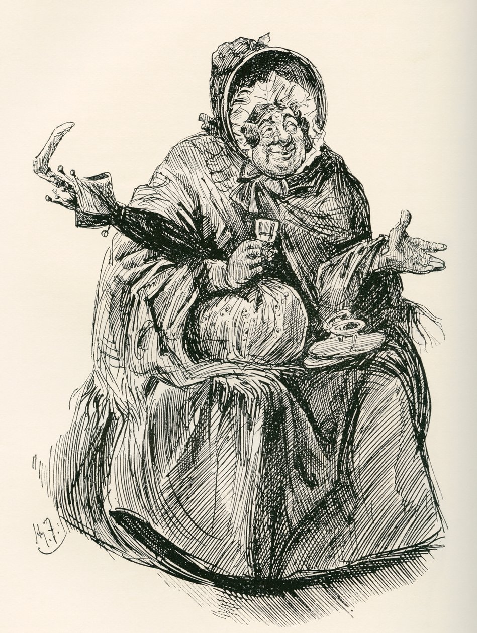 Fru Gamp. Illustration af Harry Furniss til Charles Dickens-romanen Martin Chuzzlewit, fra The Testimonial Edition, udgivet 1910. af Harry Furniss