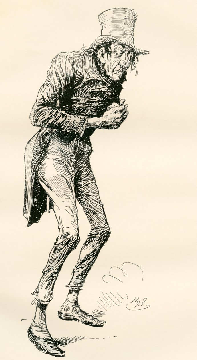 Newman Noggs. Illustration af Harry Furniss for Charles Dickens -romanen Nicholas Nickleby fra den vidnesbyrd udgave, der blev offentliggjort 1910. af Harry Furniss