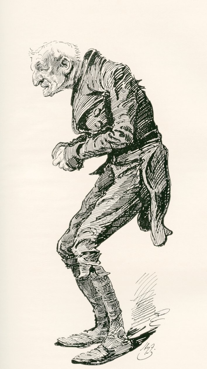 Gamle Chuffey. Illustration af Harry Furniss til Charles Dickens-romanen Martin Chuzzlewit, fra The Testimonial Edition, udgivet 1910. af Harry Furniss