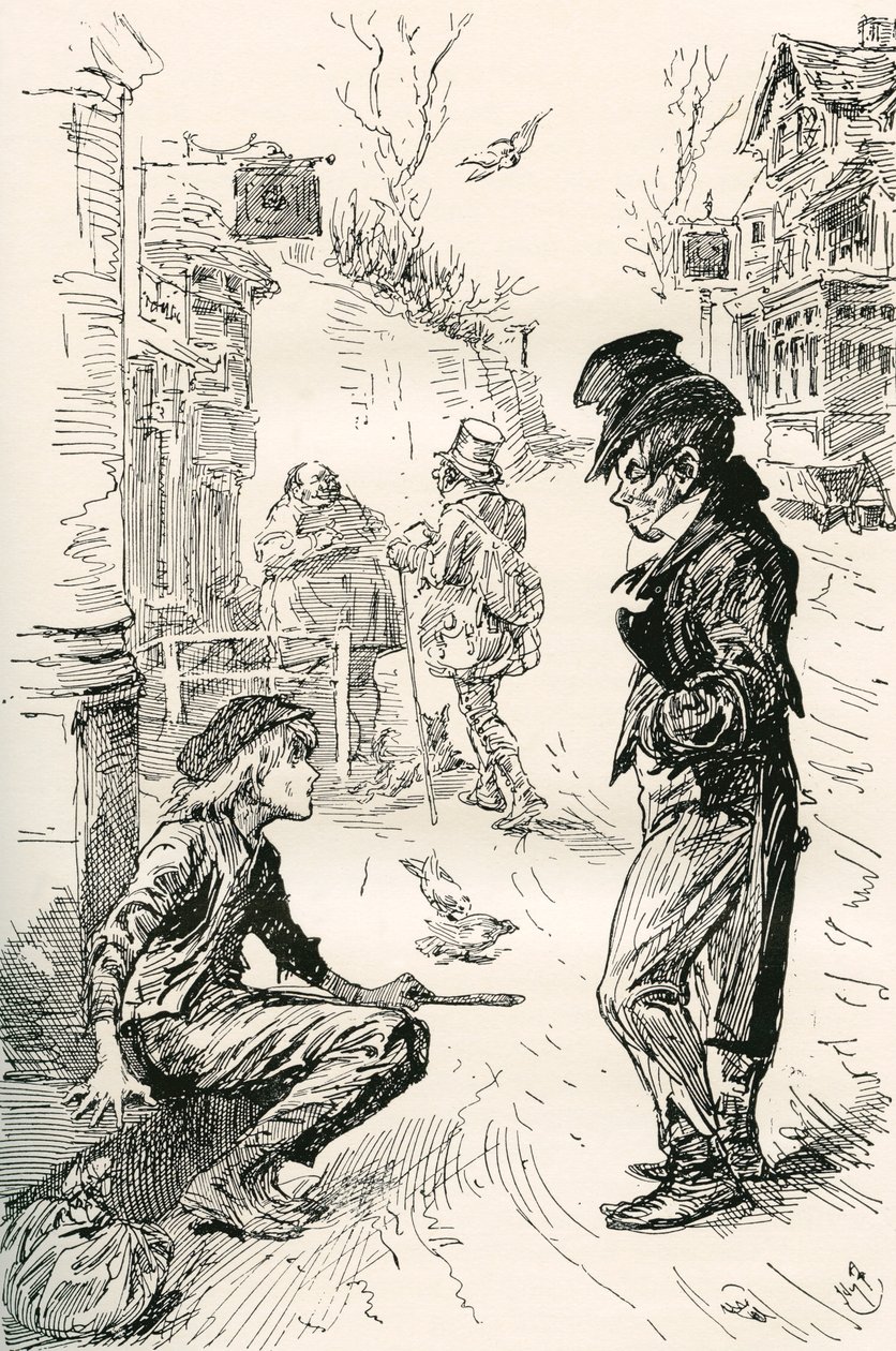 Oliver falder ind med The Artful Dodger. "Hej, min vilje, hvad er rækken?" sagde denne mærkelige unge herre til Oliver. "Jeg er meget sulten og træt," svarede Oliver; tårerne stod i hans øjne, mens han talte. "Jeg har gået lang vej. Jeg har gået af Harry Furniss