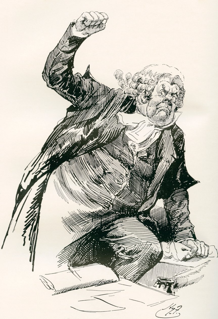 Sergent Buzfuz. Illustration af Harry Furniss til Charles Dickens-romanen The Pickwick Papers, fra The Testimonial Edition, udgivet 1910. af Harry Furniss