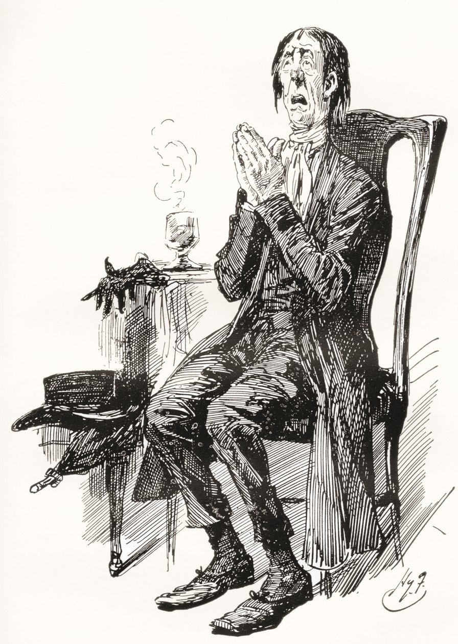 Stiggins. Illustration af Harry Furniss for Charles Dickens -romanen The Pickwick Papers, fra den vidnesbyrd, udgivet 1910. af Harry Furniss