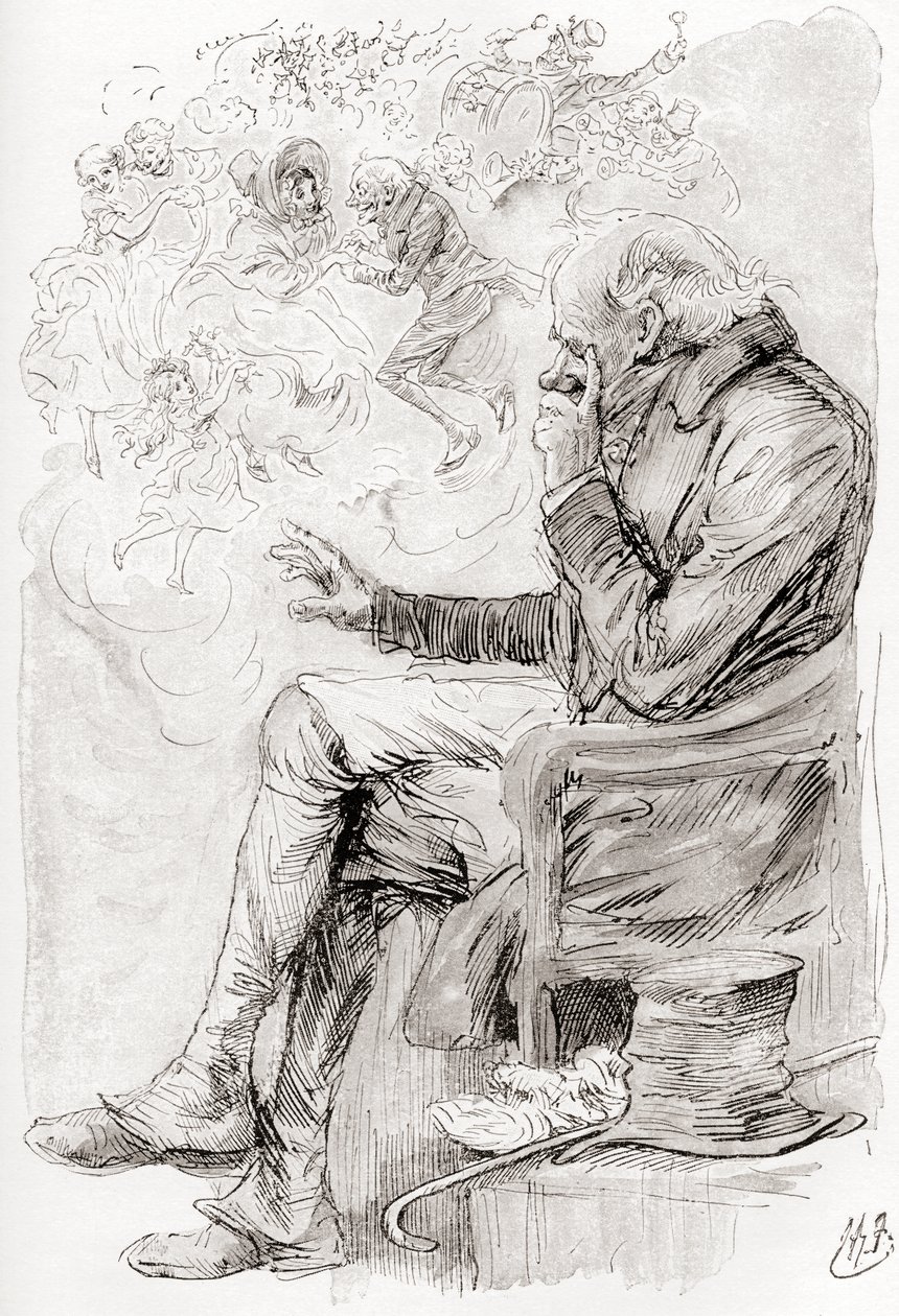 Trottys drøm. "Havde Trotty drømt? Eller er hans glæder og sorger, og skuespillerne i dem, blot en drøm; han selv en drøm; fortælleren af denne historie en drømmer, vågen men nu?" Illustration af Harry Furniss til novellen The Chimes fra The Christmas Book af Harry Furniss