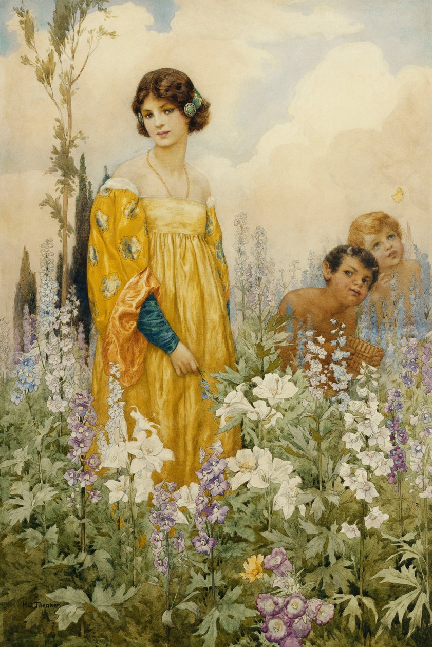 En ung pige med Pan og Amor i en vild have (blyant og akvarel på papir) af Harry George Theaker