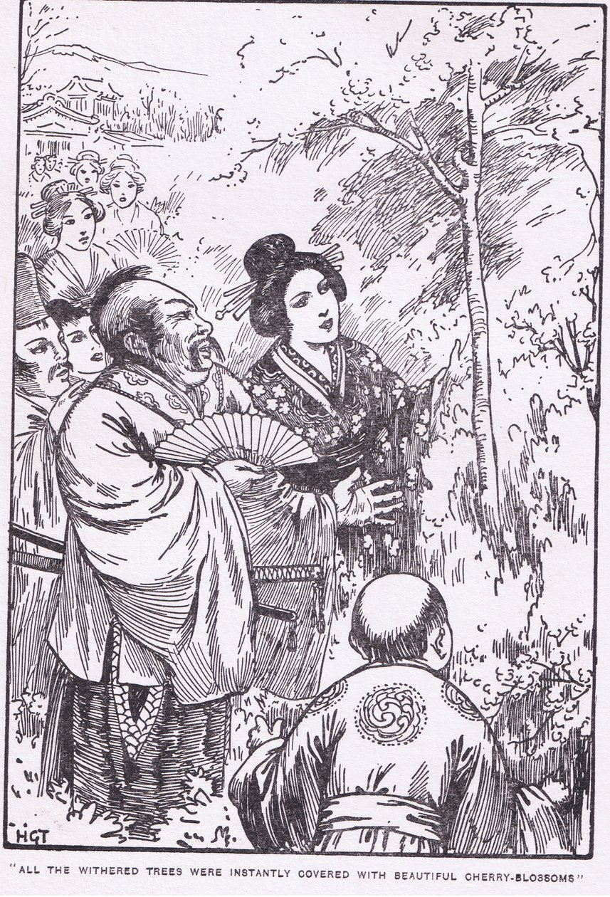 Alle de visne træer blev øjeblikkeligt dækket af smukke kirsebærblomster (Den gamle mand, der fik visne træer til at blomstre) (litografi) af Harry George Theaker