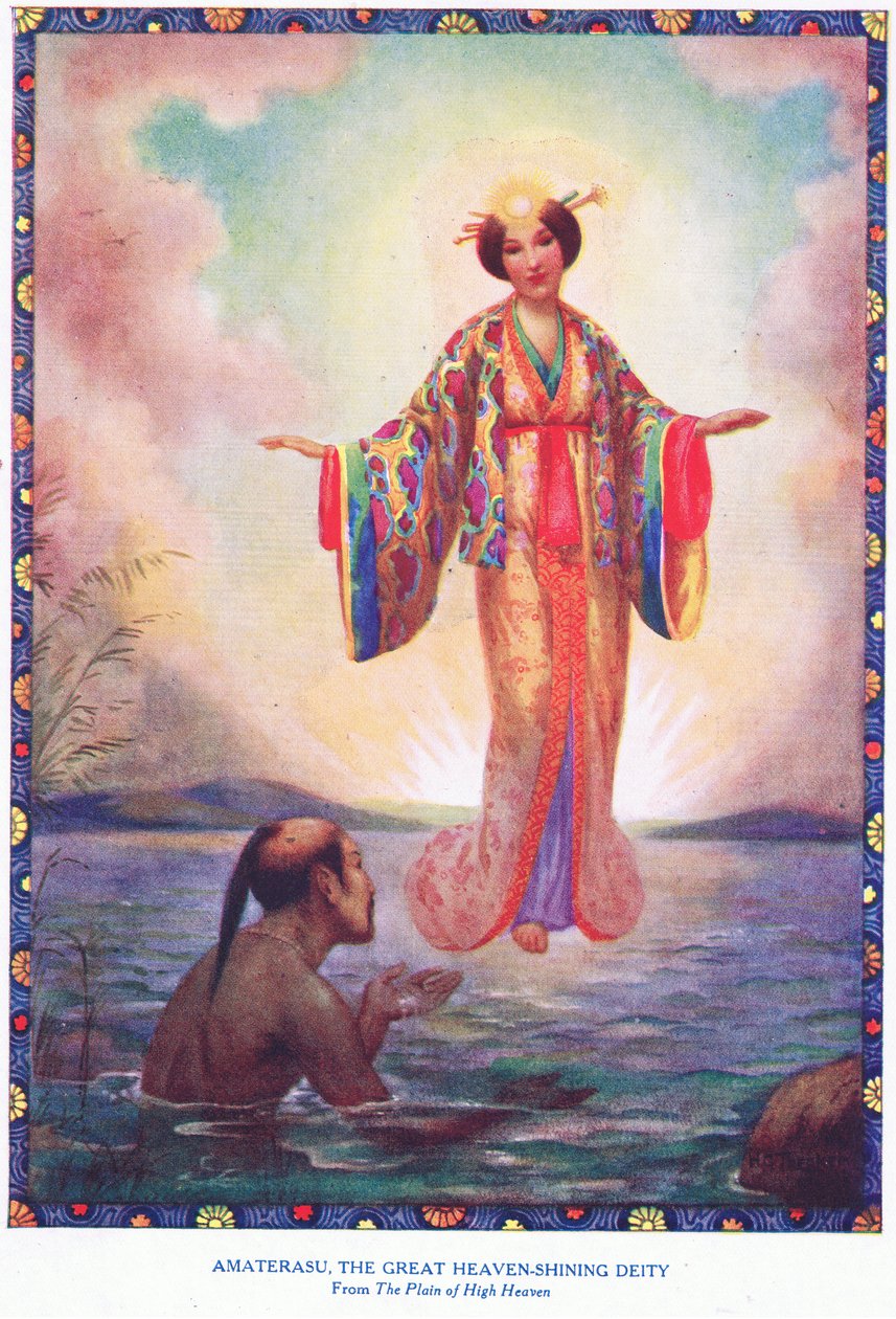 Amaterasu, den store himmelskinnende guddom (fra den høje himmels slette) (litografi) af Harry George Theaker