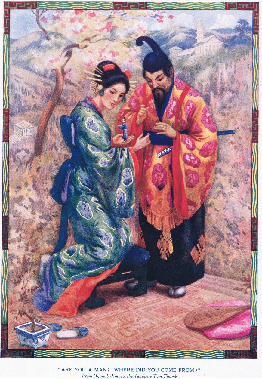 "Er du en mand Hvor kommer du fra" (fra Oyayubi-Kotaro, den japanske Tommelise) (litografi) af Harry George Theaker