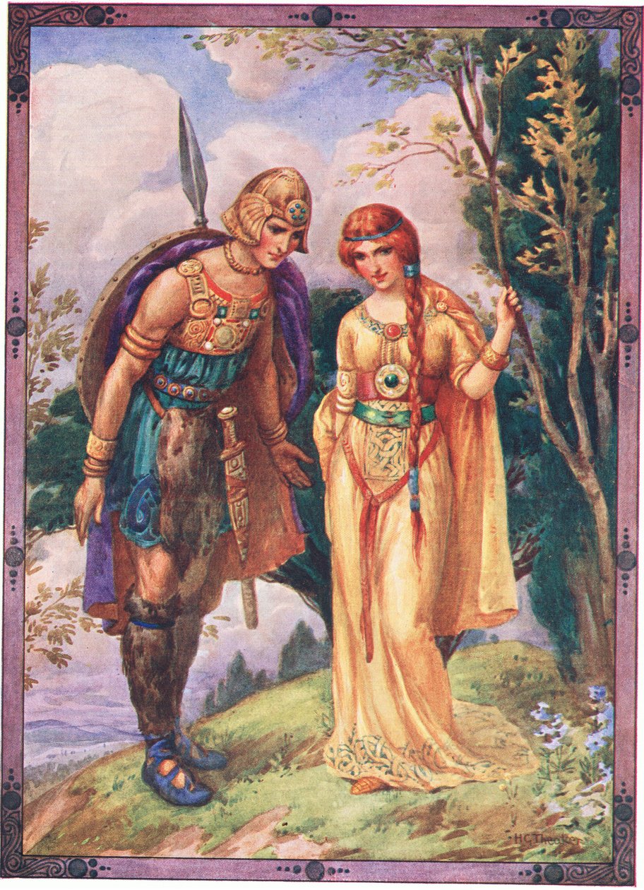 "Giv mig lov til at være din bejler" (fra Prinsen af Dyfed) (farvelitografi) af Harry George Theaker