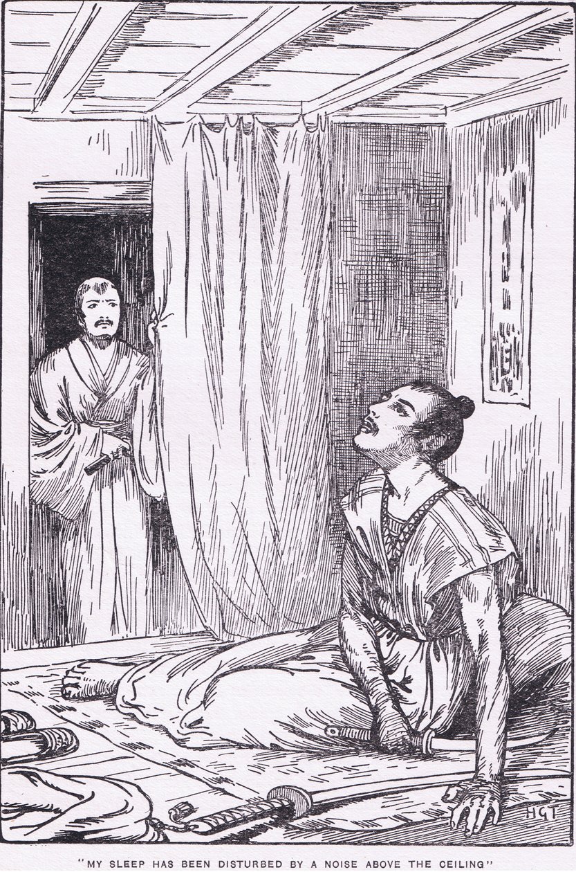 Hans søvn blev forstyrret af en lyd over loftet (fra More Stories from Raiko) (litho) af Harry George Theaker