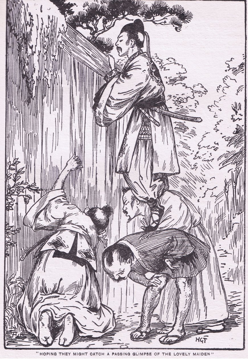 I håb om at få et glimt af den smukke jomfru (fra Daughter of the Moon) (litografi) af Harry George Theaker