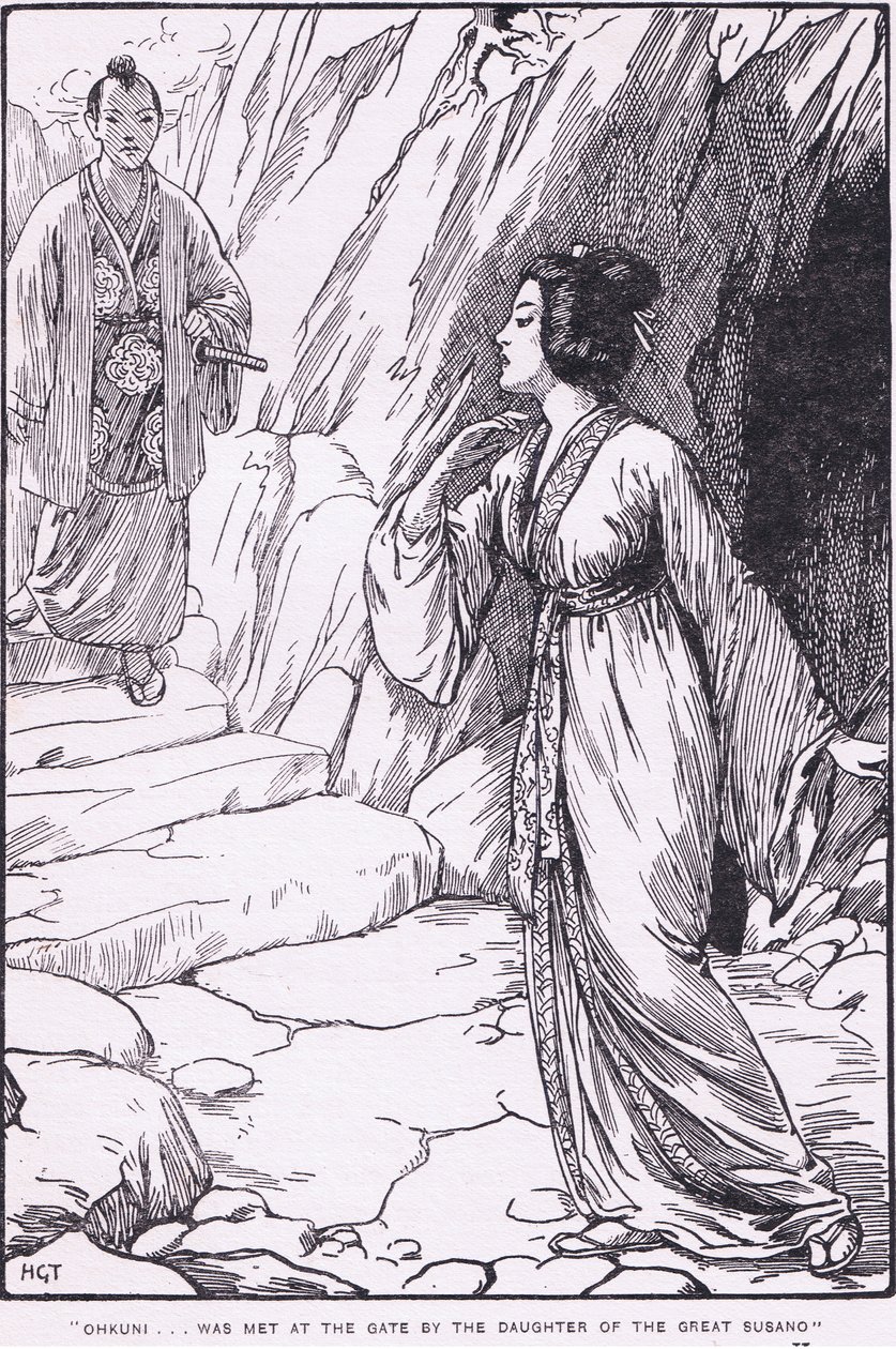 Okhuni blev mødt ved porten af den store Susanos datter (fra Susano og Ohkuni) (litografi) af Harry George Theaker