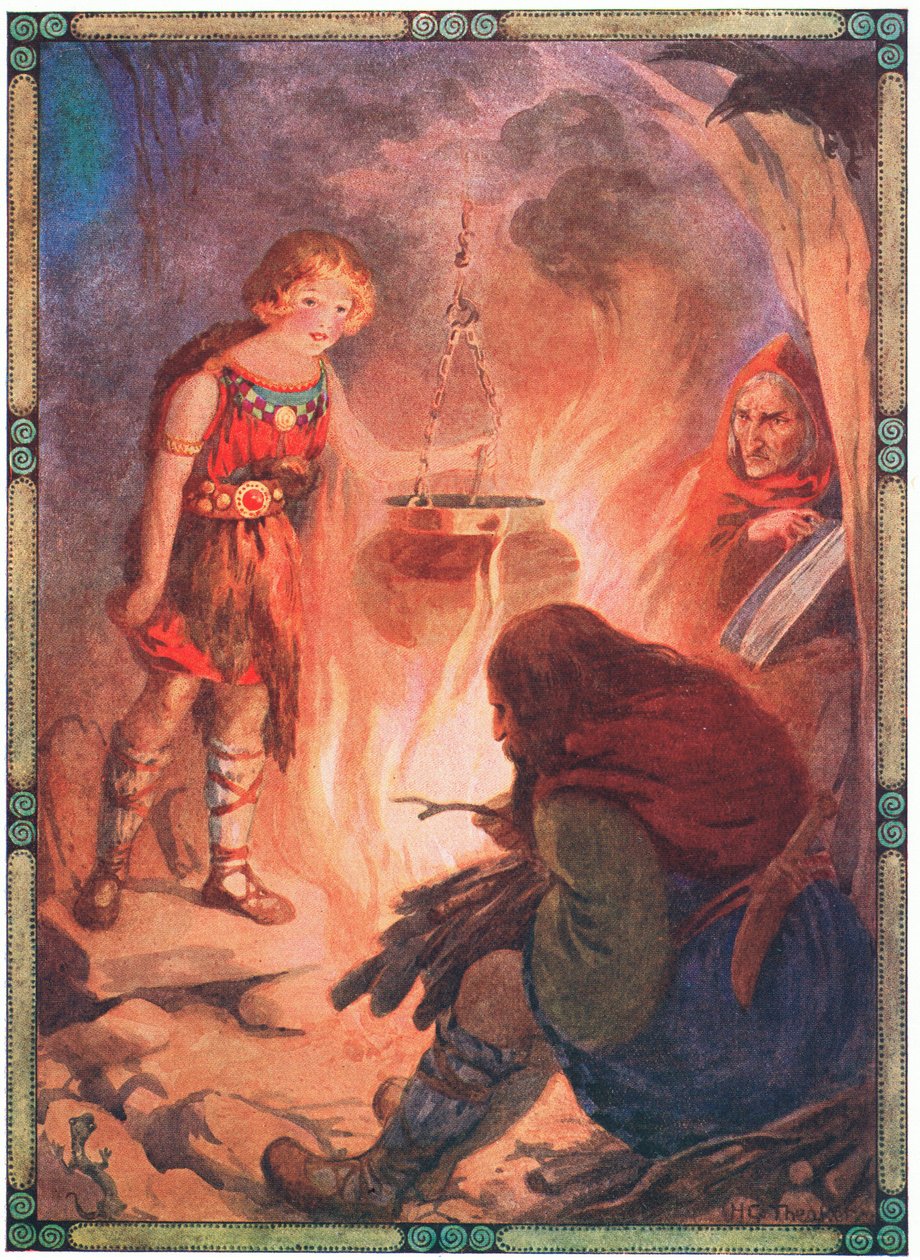 "Hun fandt alt, som det skulle være" (fra Taliesin) (farvelitografi) af Harry George Theaker