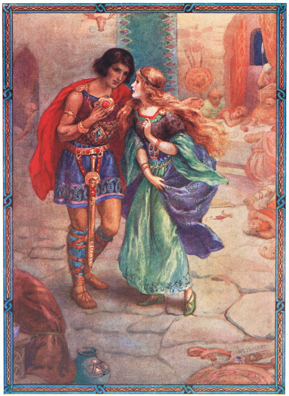 "Tag mig til din hustru" (fra Diarmud og Grania) (farvelitografi) af Harry George Theaker