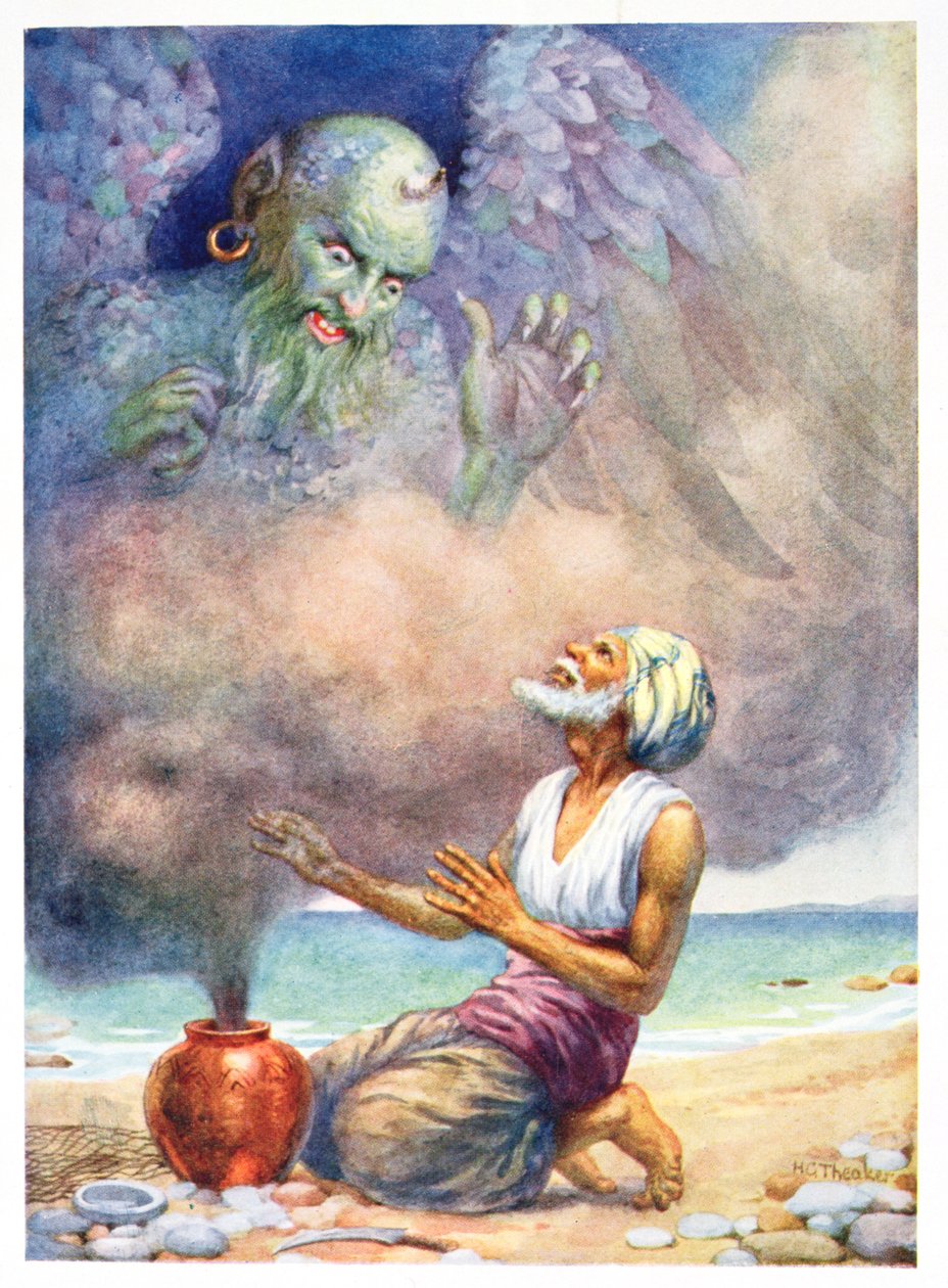 The Genie Escapes from the Vase, illustration fra 