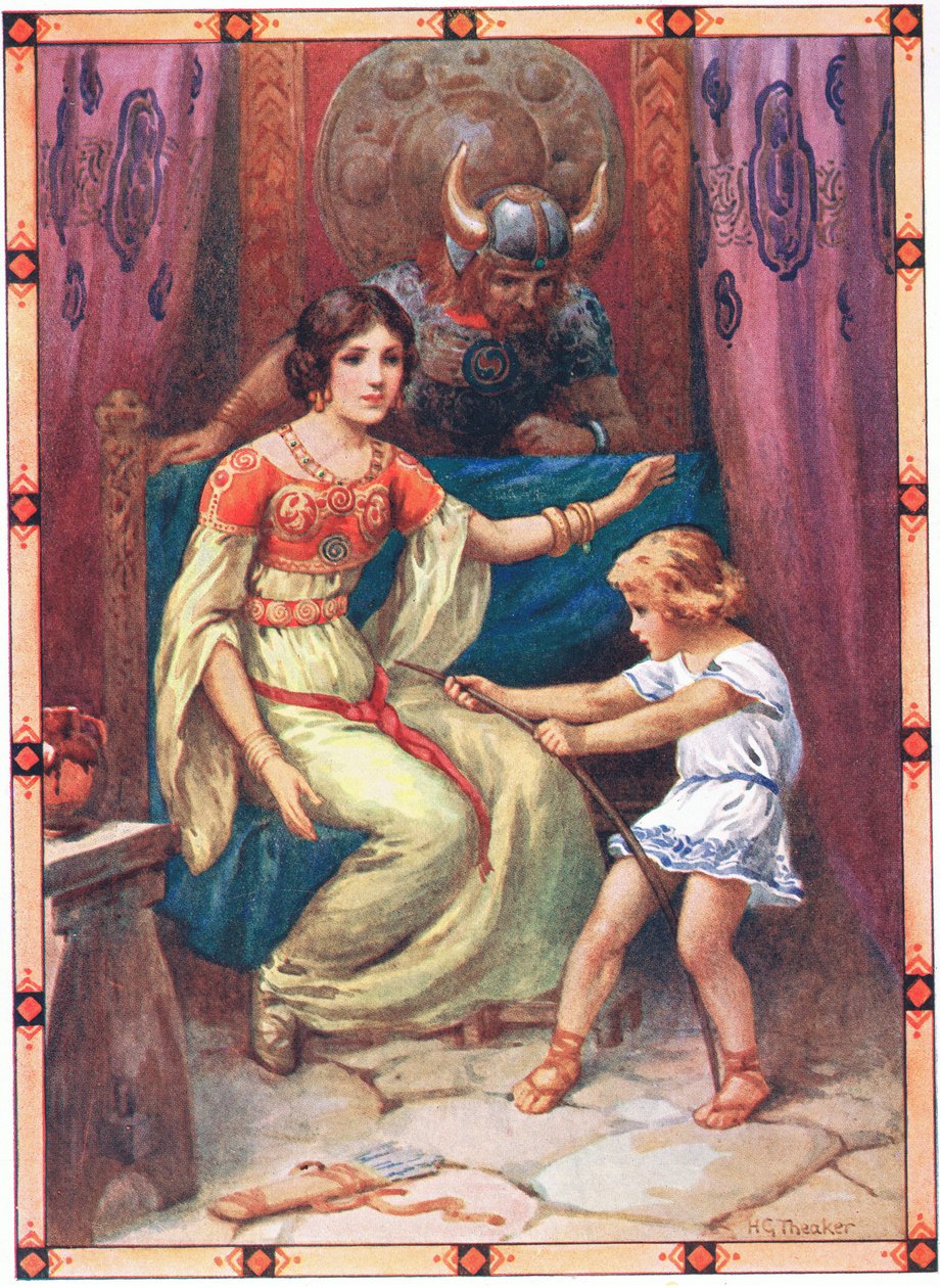 Barnet viste tegn på stor styrke (fra Tyrant of the Isles) (farvelitografi) af Harry George Theaker