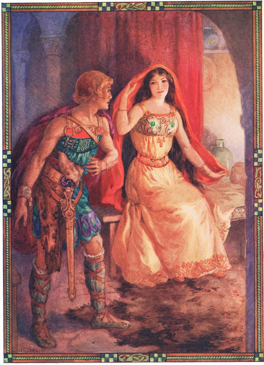 Damen afdækkede sit ansigt (fra Den afskyelige dame og den galante ridder) (farvelitografi) af Harry George Theaker