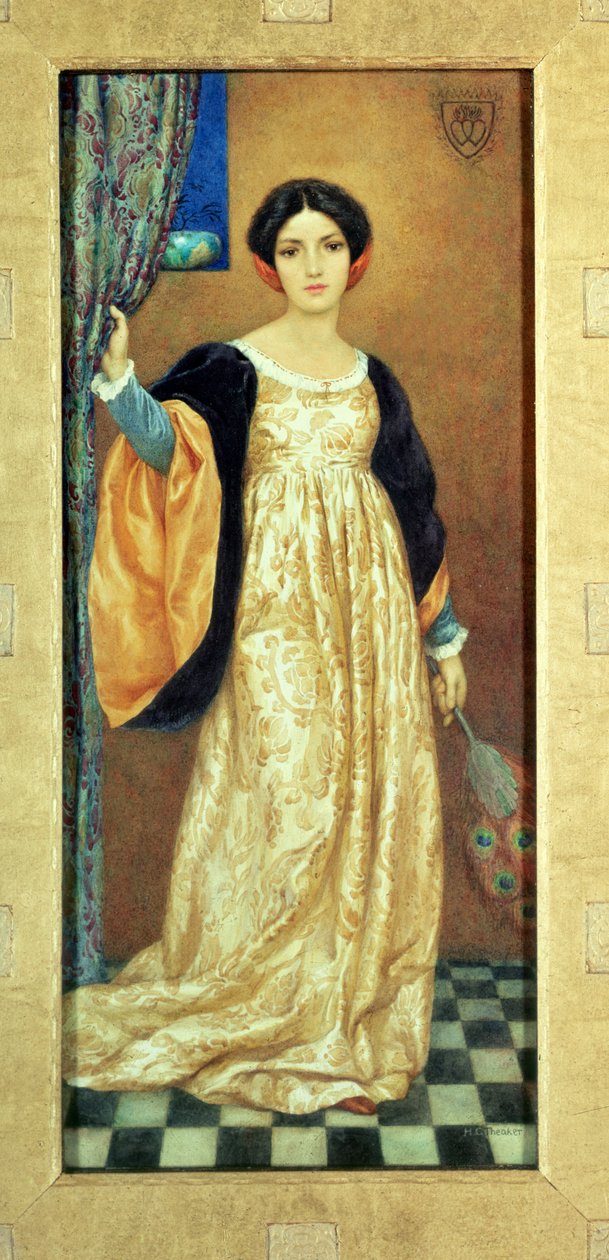 Kvinde med påfuglevifte (akvarel) af Harry George Theaker