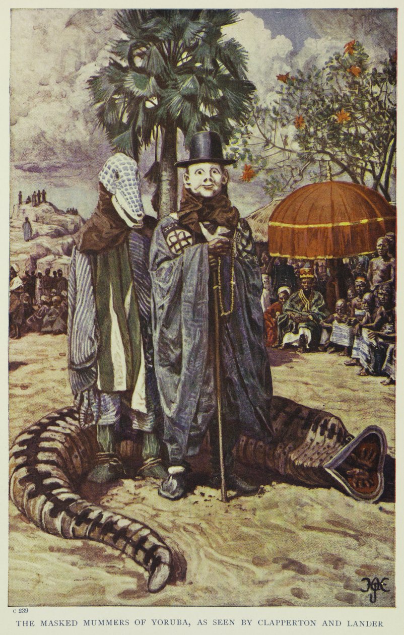 The masked mummers of Yoruba, as seen by Clapperton and Lander, illustration from "Pioneers of West Africa", 1912dani af Harry Hamilton Johnston