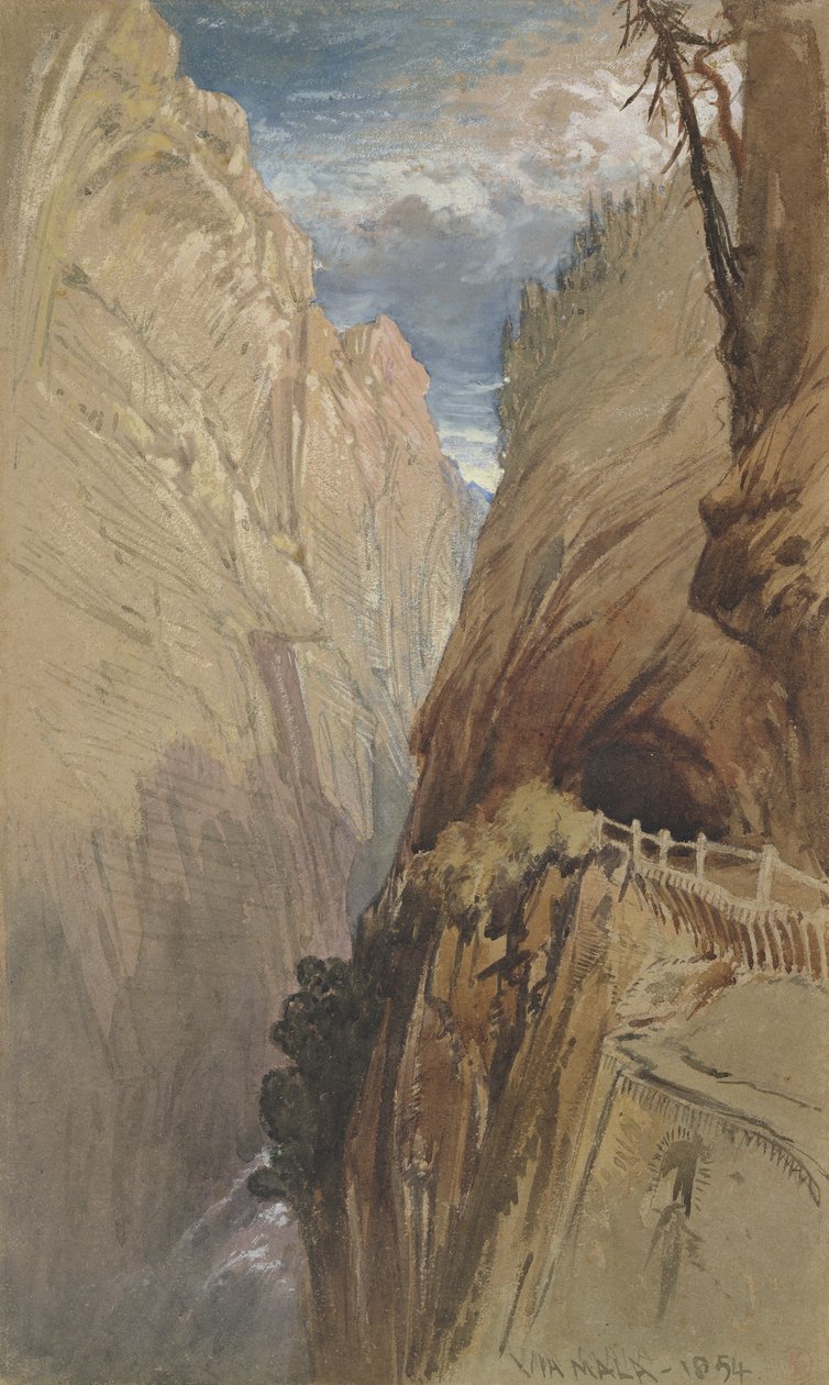 Via Mala, Schweiz, 1854, (wc & kropsfarve på gråt papir) af Harry John Johnson
