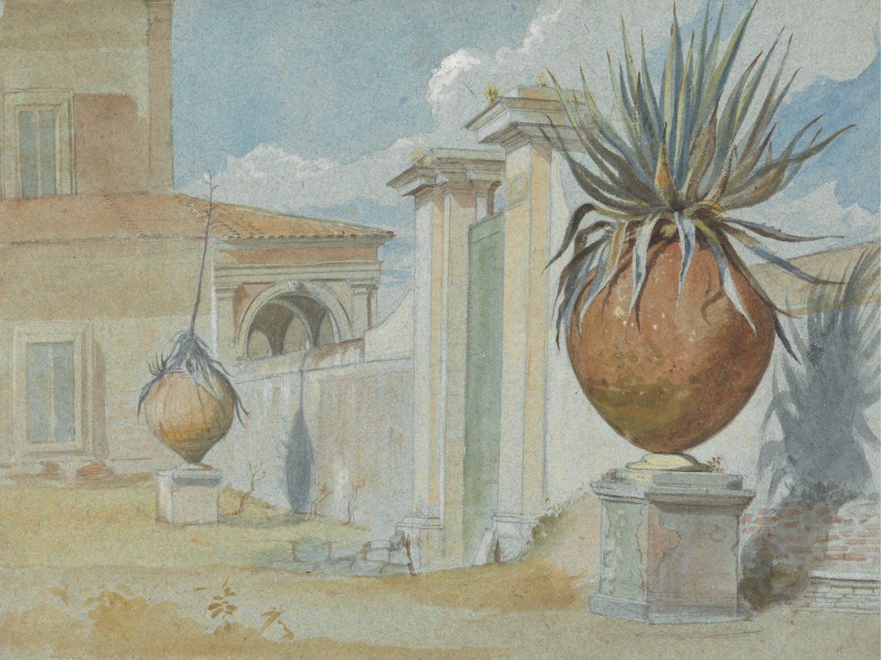 Villa Massimo, Rom: Gateway flankeret af palmer i store lertøjskrukker af Harry John Johnson