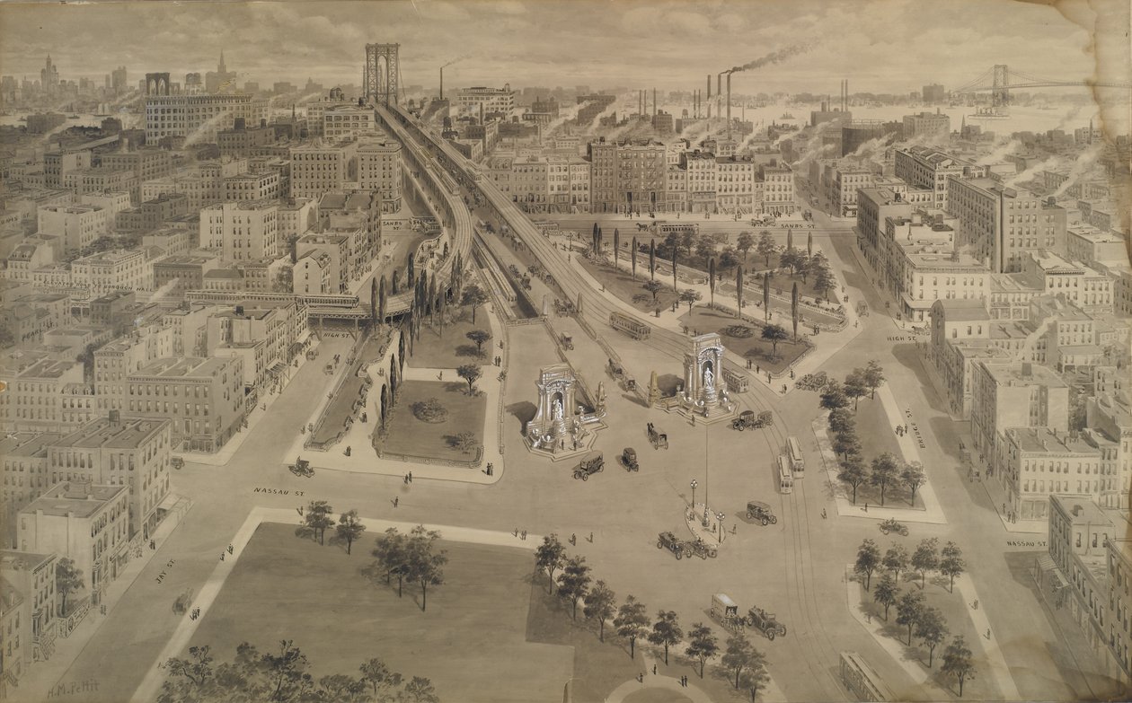Brooklyn Plaza of the Manhattan Bridge, ca. 1917 (Indien blæk & vask berørt med uigennemsigtig hvid) af Harry M. Pettit
