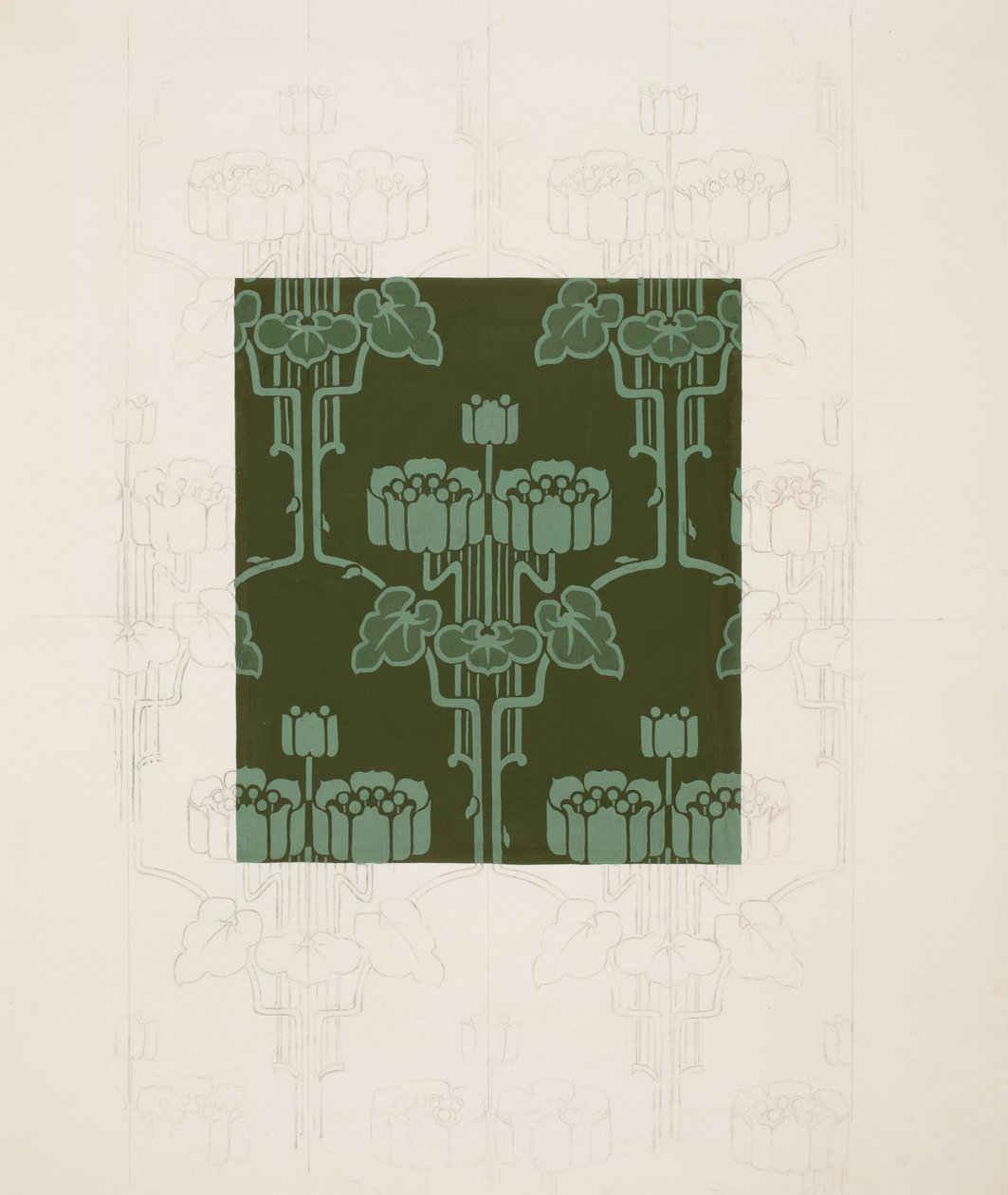Design med blomster og blade (sort kridt og gouache på papir) af Harry Napper