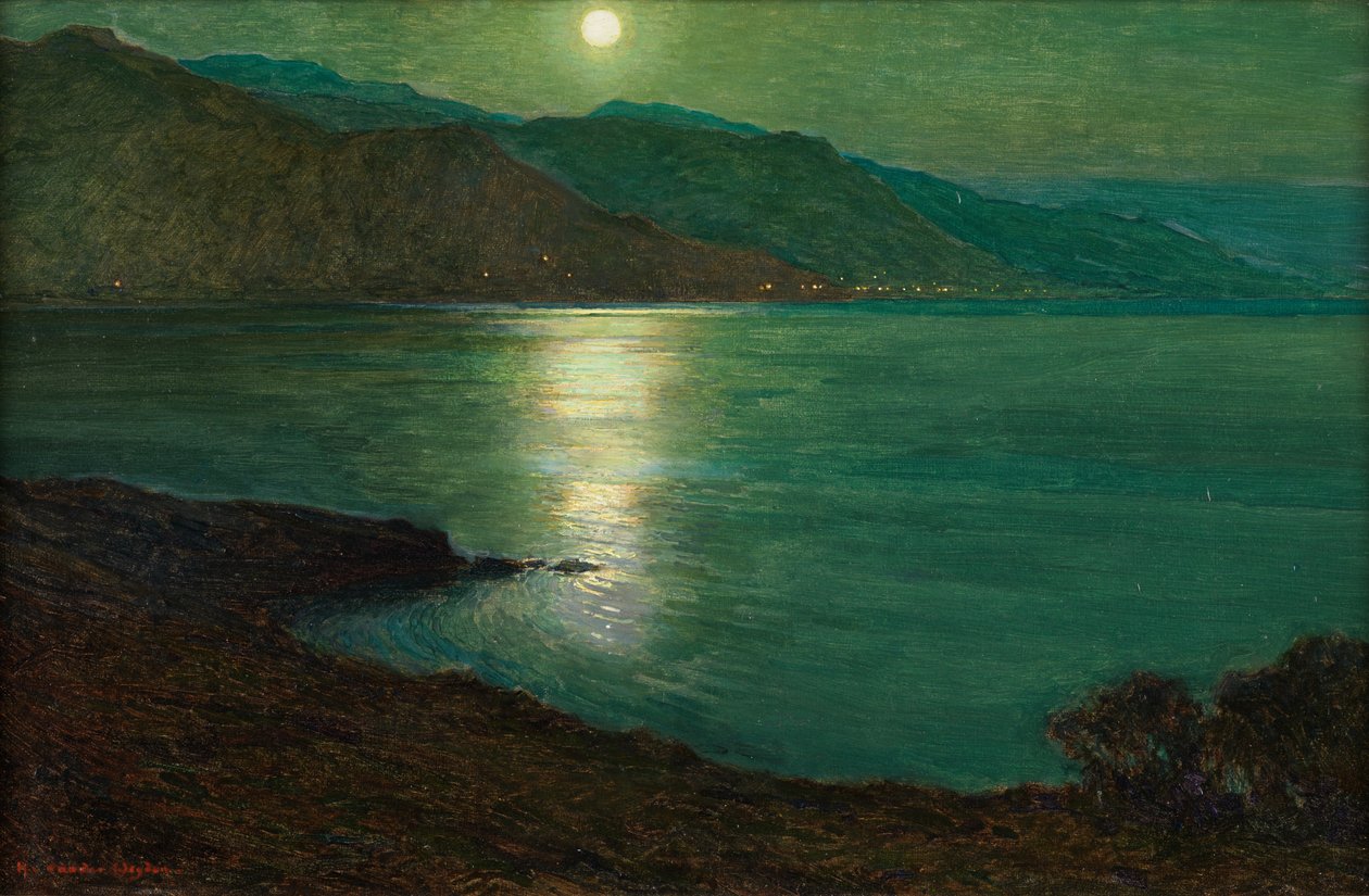 Moonlight - The Lights of Ventimiglia (olie på lærred lagt om bord) af Harry van der Weyden