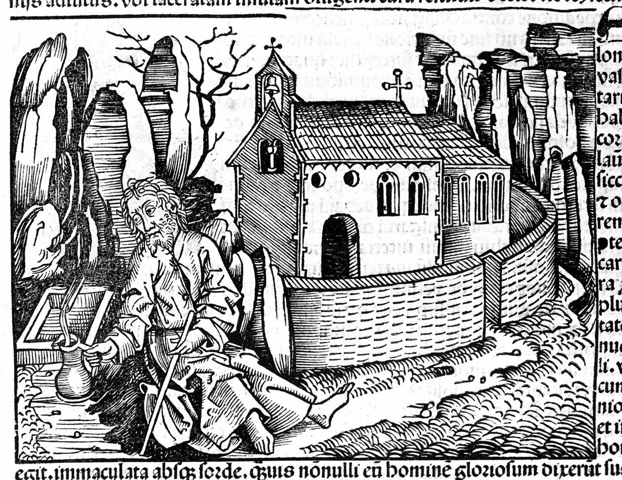 En pilgrim stopper i et kloster under sin rejse efter Hartmann Schedels "Nürnbergkrønike" af Hartmann Schedel