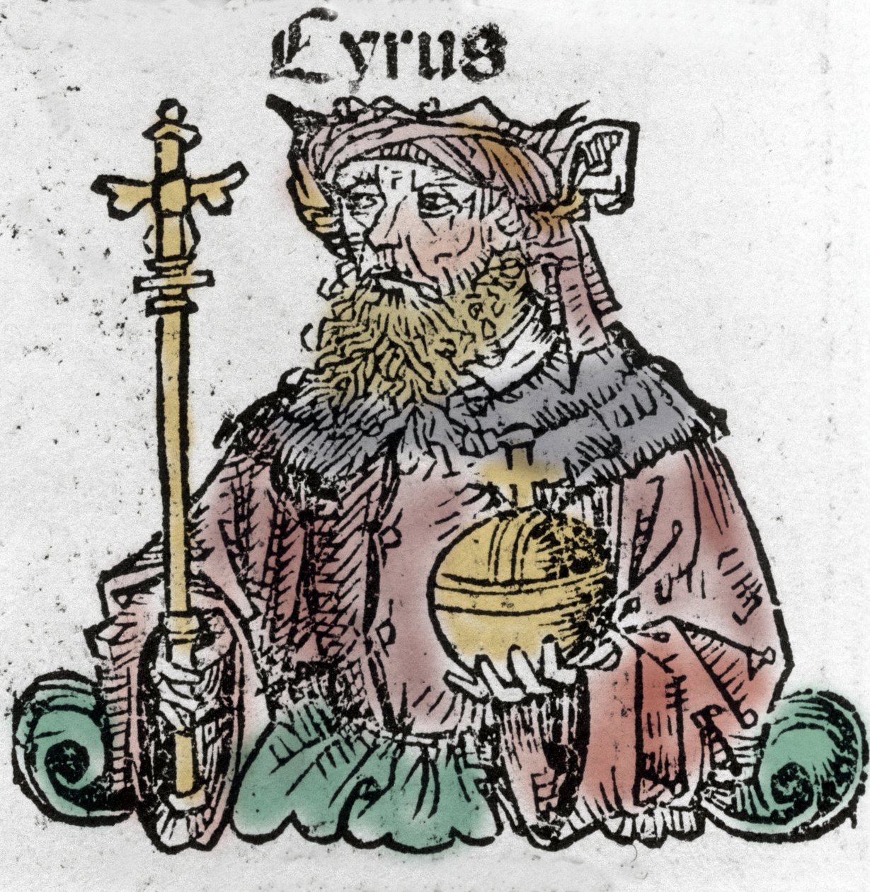 Cyrus II (529 f.Kr.), kendt som Cyrus den Store, grundlæggeren af det persiske imperium, Xylography of "" Chronicles of Nürnberg"" af Hartmann Schedel af Hartmann Schedel