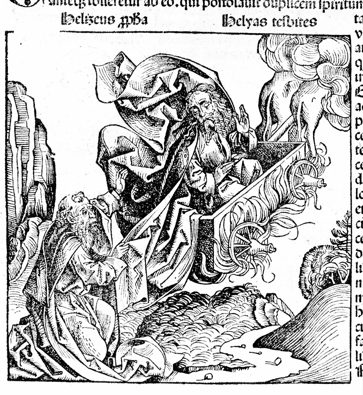 Elias rejser sig i en ildvogn og overlader sin ejendom til Elisee. Hartmann Schedel: Krønike af Nürnberg. Nürnberg 1497 af Hartmann Schedel