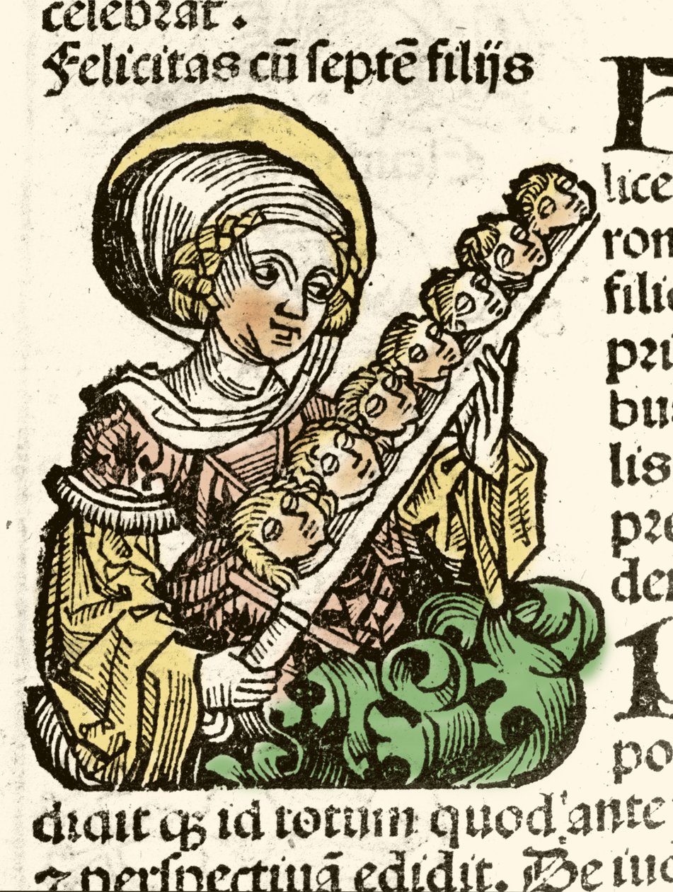 Repræsentation af Saint Felicite, martyrium i Rom med hovederne af sine syv børn. xylografi af Hartmann Schedel "" Chronicles of Nürnberg""" 1493. af Hartmann Schedel