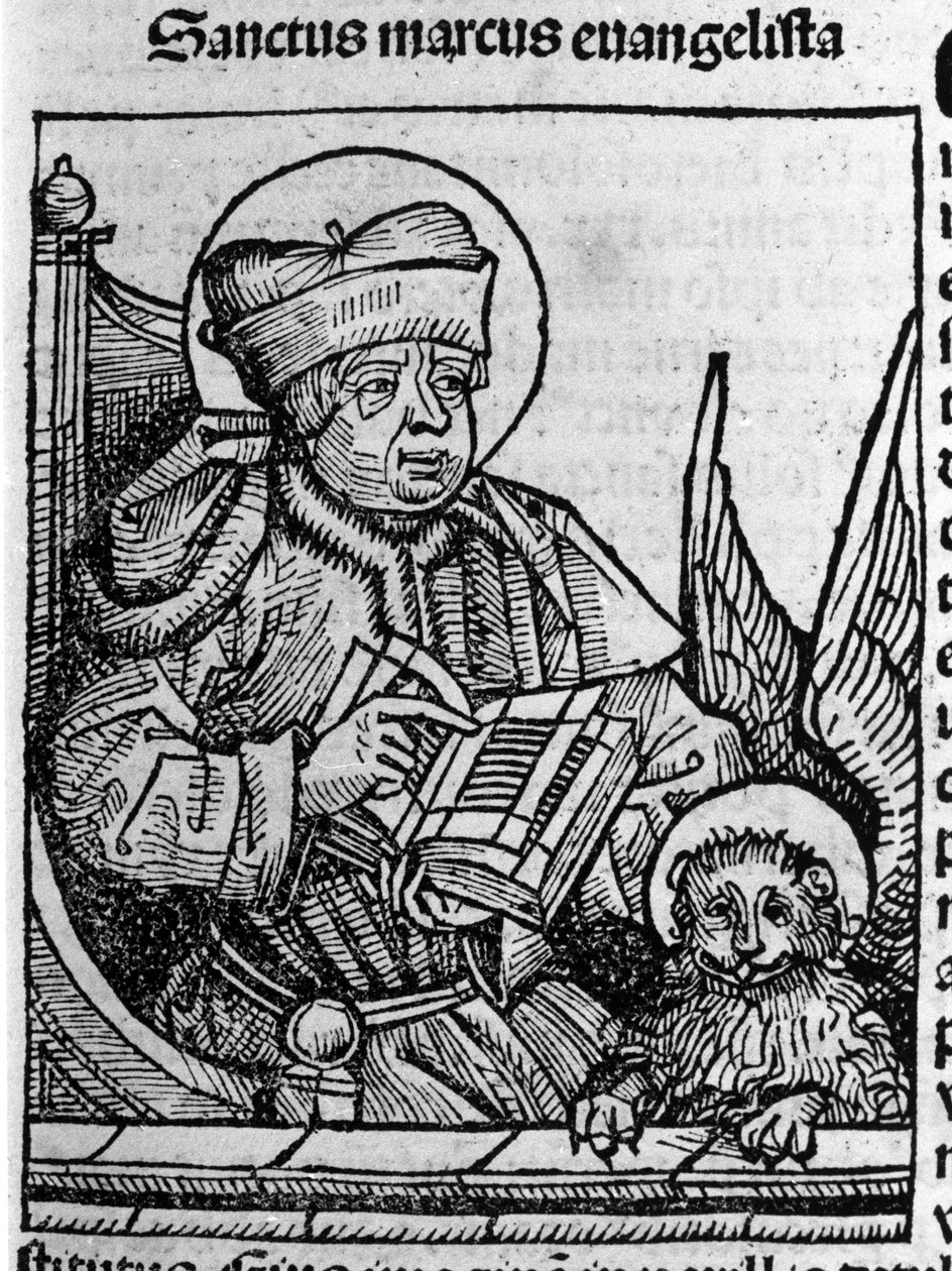 Repræsentation af evangelisten Sankt Markus. Indgravering fra "Liber chronicarum" (Nürnberg-krøniker) af Hartmann Schedel 1493 af Hartmann Schedel