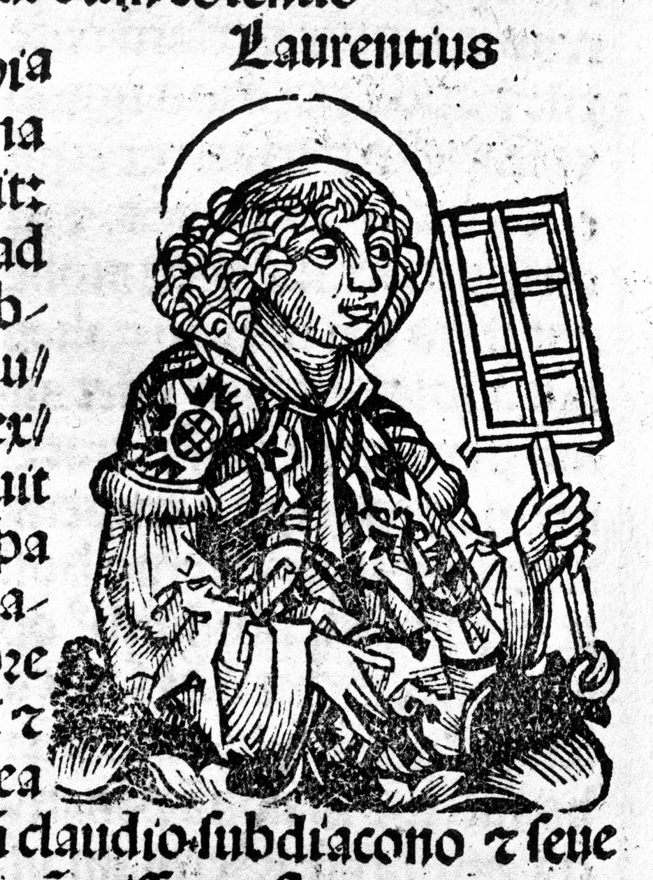 Saint Laurent holder grillen i hånden, et instrument for hans martyrium. Gravering fra "Liber Chronicarum af Hartmann Schedel" af Hartmann Schedel