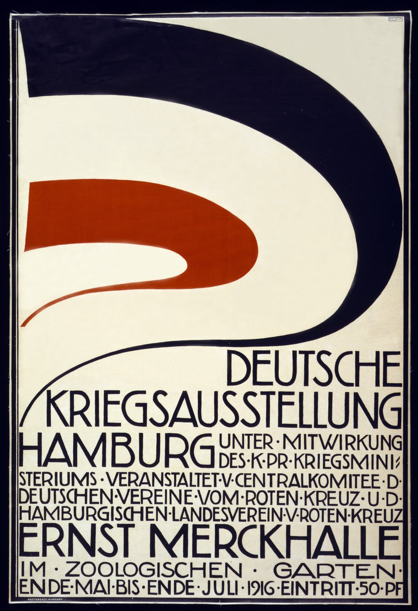 Plakat, der reklamerer for en krigsudstilling sponsoreret af Røde Kors Deutsche Kriegsausstellung, Hamborg maj - juli 1916, 1916 af Hartung and Co.