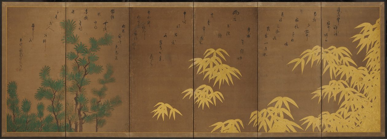 Bambus med kinesisk taks, ca. 1605-10 (foldeskærm med seks paneler: blæk, farve og guld på papir) af Hasagawa & Sodon Tetsuzan (1531 1617) (attr.) Tohaku