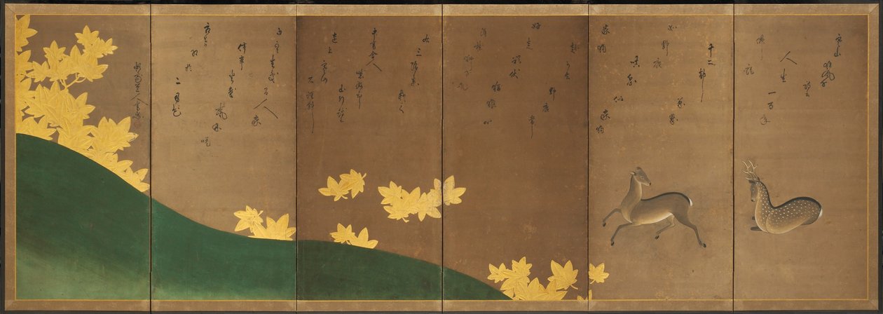 Hjort med ahorn, ca. 1605-10 (foldeskærm med seks paneler: blæk, farve og guld på papir) af Hasagawa & Sodon Tetsuzan (1531 1617) (attr.) Tohaku