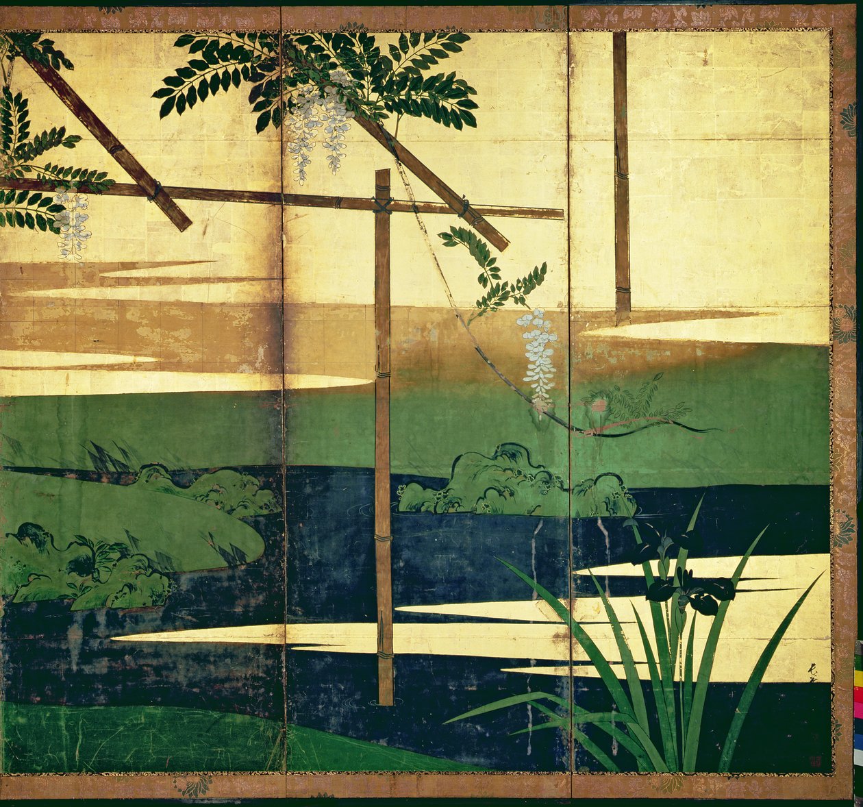 Wisteria i blomst (pen og blæk, farve, guldpapir på panel) (se 216563) af Hasegawa Soen