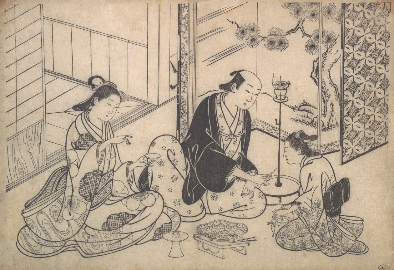 Interiør, tre figurer: Sake Party, ca. 1730. af Hasegawa Mitsunobu