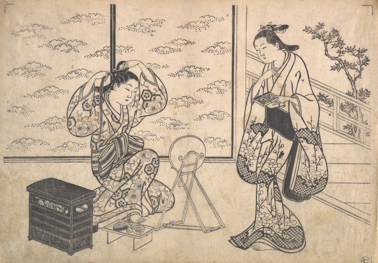 To kvinder i et værelse åbner på en veranda, ca. 1730. af Hasegawa Mitsunobu