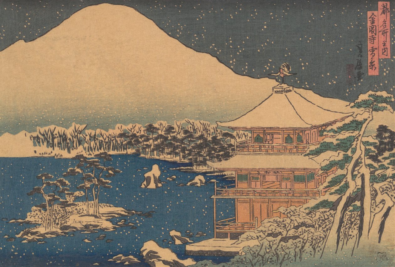 Kinkakuji set i Falling Snow, midten af det 19. århundrede. af Hasegawa Sadanobu