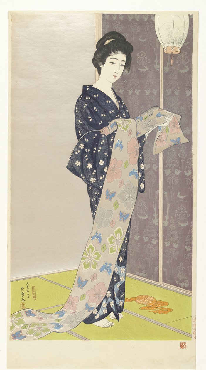 Ung kvinde i en sommer kimono Natsu yosoi no musume (titel på objekt) af Hashiguchi Goyô
