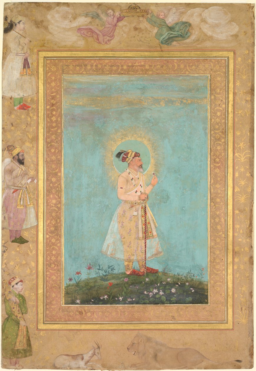 Shah Jahan holder en spinel og et langt Deccan-sværd, fra Late Shah Jahan Album, ca. 1650. af Hashim