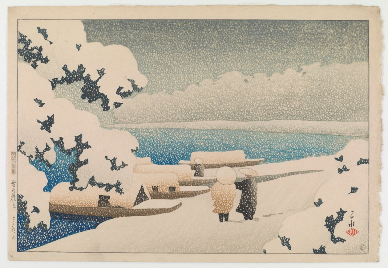 Sne ved Hashidate (Yuki no hashidate), fra serien Souvenirs of Travel II (Tabi miyage dai nishū) af Hasui Kawase