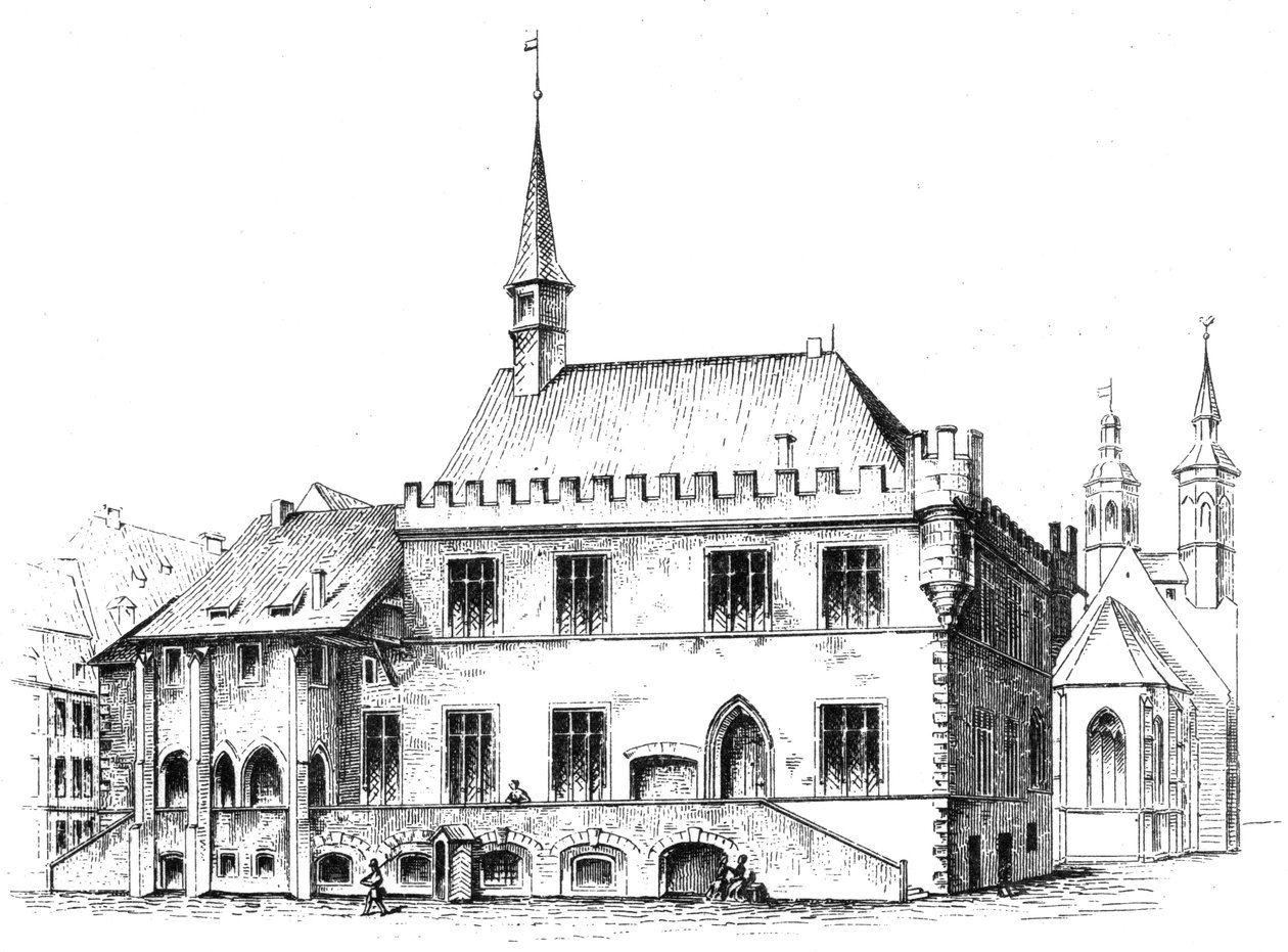 Gammelt rådhus i Göttingen, Sydniedersachsen, tegning af H. W. H. Mithoff 1869. Original billedtekst af Hector Wilhelm Heinrich Mithoff